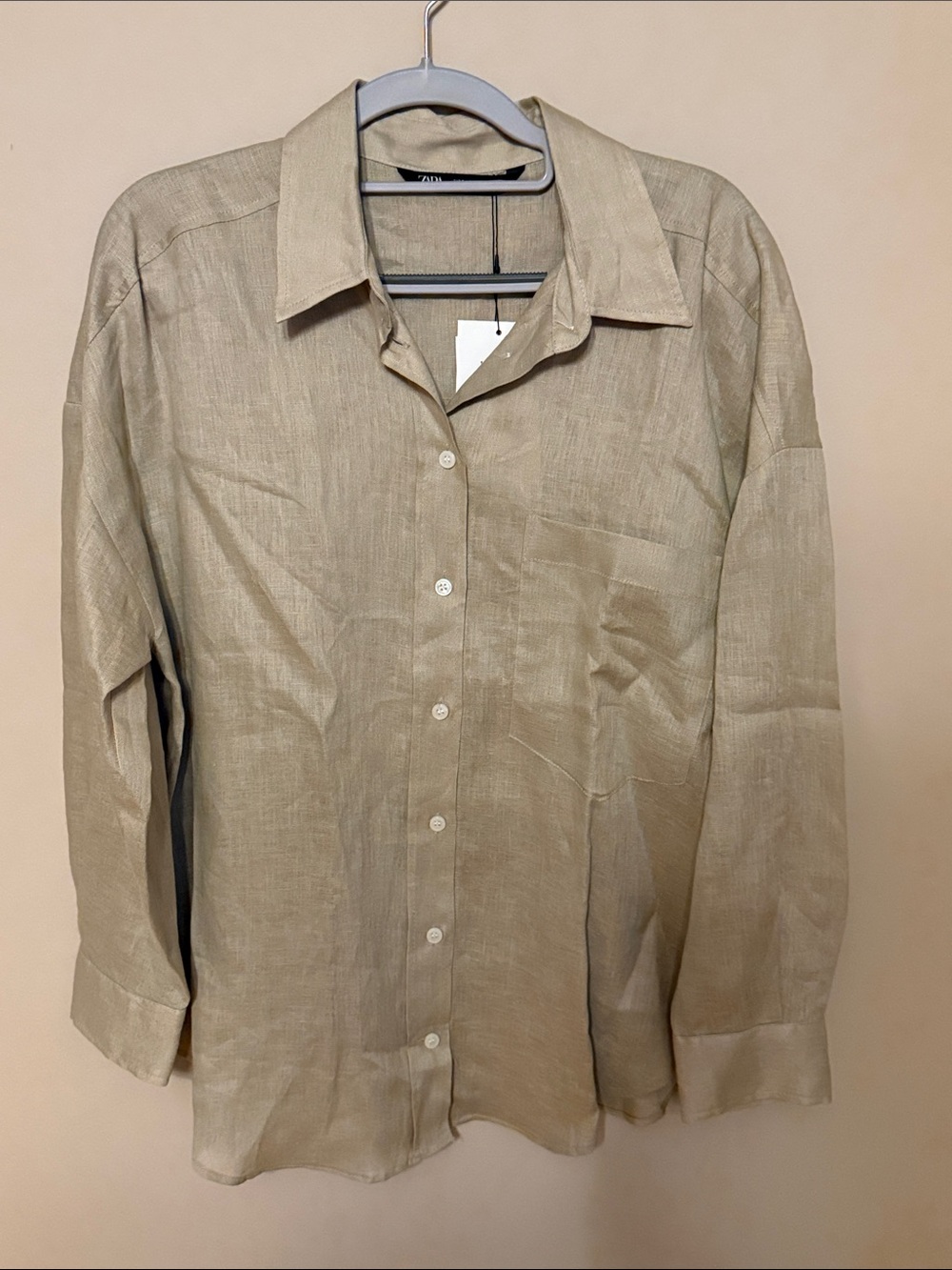 Zara Women's Beige Button-Down Linen Shirt